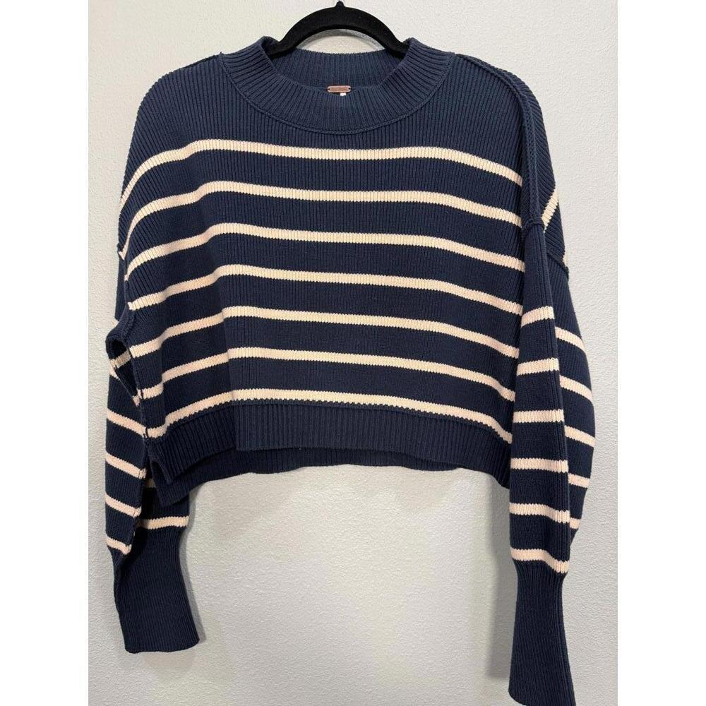 Free People Easy Street Crop Striped Pullover Sweater, Women's XS, Navy Blue - Picture 3 of 7